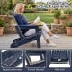 Blue HDPE Adirondack chair with cup holder features a wide seat, supportive armrests, and a 103° inclined backrest for comfort.