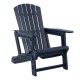 Blue HDPE Adirondack chair with cup holder and wood-like texture, perfect for relaxing in gardens or patios.