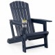 Navy blue HDPE Adirondack chair with cup holder and wood-like texture, ideal for relaxing in gardens or patios.