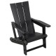 Black HDPE outdoor Adirondack chair with cup holder features a curved backrest and wide armrests for enhanced comfort.