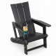 Black HDPE outdoor Adirondack chair features a curved backrest and built-in cup holder for comfort and convenience.