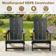 Two black HDPE outdoor Adirondack chairs with cup holders feature a curved backrest and wide armrests for comfort.