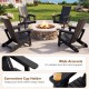 Black HDPE outdoor Adirondack chair features wide armrests and a built-in cup holder for comfort and convenience.