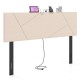 Geometric upholstered headboard in beige with rubber wood legs, featuring charging ports, for full and queen size beds.