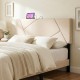 Beige geometric upholstered headboard for full and queen size beds, featuring USB and Type-C charging ports.