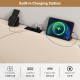 Geometric upholstered headboard in beige with built-in charging station, featuring AC and USB ports for convenience.