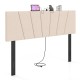 Geometric upholstered headboard in beige with rubber wood legs, featuring charging ports, for queen and full size beds.