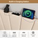 Geometric upholstered headboard in beige with built-in charging station, featuring AC outlets and USB ports for.