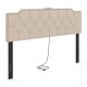 Beige rivet tufted upholstered headboard with USB and AC outlets, designed for queen and full size bed frames.