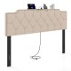 Beige tufted upholstered headboard with rivets, featuring charging ports, suitable for queen and full size beds.