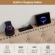Rivet tufted beige headboard with built-in charging station, featuring AC outlets, USB, and Type-C ports for.