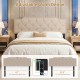 Rivet tufted beige upholstered headboard for queen and full size beds, featuring adjustable width and USB charging.