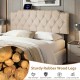 Beige tufted upholstered headboard with rubber wood legs, featuring USB and Type-C ports for convenient charging.