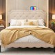 Tufted upholstered headboard in beige for queen and full size beds, featuring charging ports and rubber wood legs.