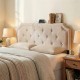 Tufted beige headboard for queen and full size beds with USB and type-C ports, enhancing minimalist bedroom design.