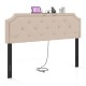 Beige tufted upholstered headboard with charging ports, designed for queen and full size beds, featuring rubber wood.