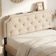Tufted beige headboard for queen and full size beds with USB and type-C ports, featuring rubber wood legs for.