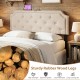 Tufted beige upholstered headboard with rubber wood legs, featuring USB and AC outlets, for queen and full size beds.