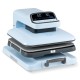 Heat press machine in blue with 15x15 inch plate, featuring auto release, dual-tube heating, and safety functions.