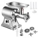 Heavy duty stainless steel meat grinder with 1.5HP motor, includes cutting plates and meat pusher for safe operation.