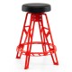 Red heavy-duty aluminum garage bar chair with 360° swiveling padded seat, ideal for workbenches 41"-44" high.