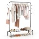 Heavy duty black metal garment rack with hanging clothes, side hooks, and shoes on the bottom shelf for versatile.