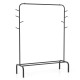 Heavy duty black metal garment rack with hanging rod, side hooks, and bottom shelf for versatile storage in any space.