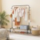 Heavy duty black metal garment rack with hanging rod, side hooks, and bottom shelf for versatile storage in any room.