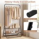 Heavy duty black clothes rack with hanging rod, two storage shelves, and thick metal tubes for stability and longevity.