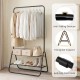 Heavy duty black clothes rack with hanging rod and two storage shelves, featuring anti-fall devices for stability.