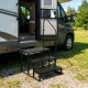 Heavy duty black metal stairs with wide anti-slip platforms, ideal for RVs and hot tubs, providing secure access.