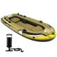 Heavy-duty inflatable boat for 4-person fishing, featuring green PVC material, I-beam support, and included hand pump.