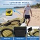 Heavy-duty inflatable boat with bolster seats, storage pouch, and convenient handle for easy transport to water.