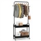Heavy-duty black laundry cart with hanging rod and two storage baskets, ideal for organizing clothes and accessories.