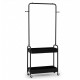 Heavy-duty black laundry cart with hanging rod and two storage baskets, featuring wheels for easy movement and.