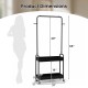 Heavy-duty black laundry cart with hanging rod and two storage baskets, featuring dimensions of 32" x 14" x 65".
