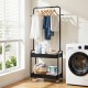Heavy-duty black laundry cart with hanging rod and two storage baskets, ideal for organizing bedroom or laundry room.