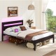 Heavy-duty metal slats bed platform in walnut finish with built-in charging station and adjustable LED lighting for.