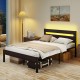 Heavy-duty metal slats support bed platform in walnut with built-in charging station and adjustable LED lighting for.
