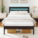 Heavy-duty metal slats bed platform in walnut finish with built-in charging station and adjustable LED headboard.