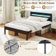 Heavy-duty metal bed platform with charging station, featuring powder-coated slats and 5 support legs for stability.