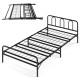 Foldable heavy-duty metal twin bed frame in black with headboard, footboard, and ample under-bed storage space.
