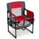Heavy-duty red outdoor camping chair with cup holder and side pocket, designed for comfort and easy transport.