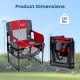 Heavy-duty outdoor camping chair in red with dimensions, cup holder, side pocket, and quick folding design for easy.