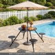 Round picnic table for 4 with iron seats and umbrella hole, perfect for patio gatherings and outdoor relaxation.