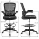 Height adjustable drafting chair in black with flip-up arms, ergonomic backrest, and breathable mesh fabric for comfort.