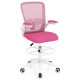 Height adjustable drafting chair in pink with flip-up arms and ergonomic backrest for home office comfort.