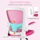 Height adjustable drafting chair with pink ergonomic backrest and adjustable Y-shaped lumbar support for home office.