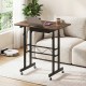 Height adjustable laptop desk in rustic brown with a wide tabletop, fabric drawer, and lockable wheels for versatile use.