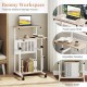 Height adjustable mobile computer stand-up desk with two modes, featuring a fixed upper shelf and bottom storage for.